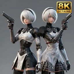a photo of 2 b nier automata holding a gun, realistic, highly detailed, trending on art station, octane render, 8 k, 4 k,