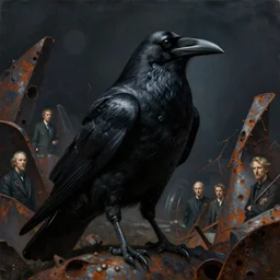 heroic raven figure. vantablack cloth technology, night, rusty shapes, biotechnology, dariusz zawadzki, tim hildebrandt, wayne barlow, bruce pennington, larry elmore, oil on canvas, deep depth field, masterpiece, cinematic composition. dramatic zoom, hyperdetailed, hd, hdr