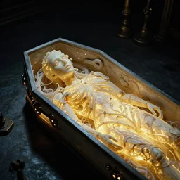the creature in the coffin, made of glowing wax, they look me in the eye, film still from the movie directed by denis villeneuve and david cronenberg with art direction by salvador dali, wide lens