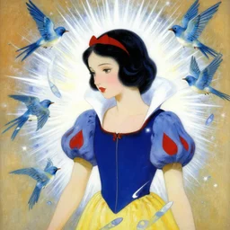 portrait of snow white, blue birds, white spike aura in motion, floating pieces, painted art by tsuyoshi nagano, greg rutkowski, artgerm, alphonse mucha, spike painting