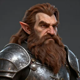 head portrait, fantasy dwarf, full brown beard, stocky brown hair, fantasy, medieval metal armour, high detail, digital art, rpg, concept art