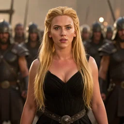 epic photo of muscular scarlett johansson as beautiful sorceress queen with long straight blonde hair wearing a black dress and ornate belt, battle scene with a thousand warriors behind her in the background, sweaty, detailed eyes, neutral expression, shallow depth of field, photorealistic, cinematic lighting, lovely bokeh, warm colours, dusk, movie quality, conan the destroyer 1 9 8 5, movie still, cinemascope