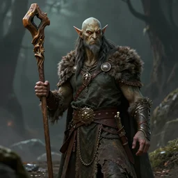 A Half-orc Druid holding a wooden staff, holding a wooden staff, Mike Mignola