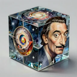 a hd surrealism painting of 3d cast glass galactic hypercube sculptures by dali and kandinsky, ultra detailed, 8k