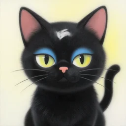illustration of a black cat with make up by shusei nagaoka kaws, david rudnick, airbrush on canvas, pastell colors, cell shaded