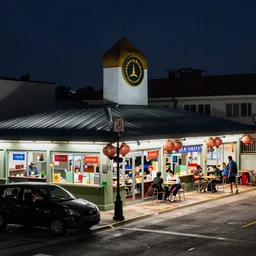 a hawker centre at night, by tom lovell