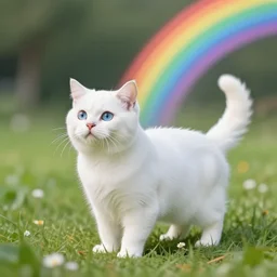 white cat looking at the rainbow on the grass, hyperdetailed, artstation, cgsociety, 8 k