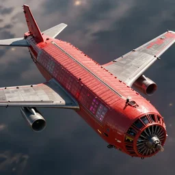 game concept art, a industrial space freighters, stable wing, red hull, rectangular heat - resistant plate, ring structure at rear, no background