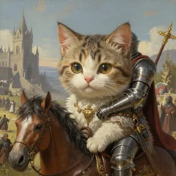 painted closeup of human knight riding huge cute kitten, medieval fantasy battlefield, fantasy intricate elegant extremely detailed digital painting trending artstation concept art sharp focus illustration art by gustave courbet greg rutkowski craig mullins