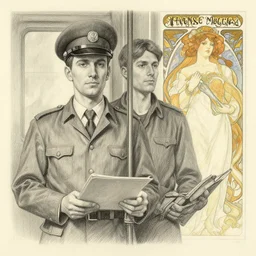 hyperrealist pencil sketch of a a train engineer by david malan and alphonse mucha, fantasy art, drawing, dynamic lighting, artstation, poster, volumetric lighting, very detailed faces, 4 k, award winning