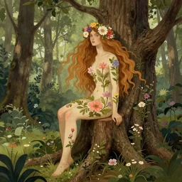 woman half man half tree sitting on the stump in the forest. Long wavy hair. Flowers in her hair. Flowers on the body. Renowned character illustration by thomas kindkade, alphonse mucha, loish, norman rockwell,johnny, Vincenzo Riccardi, Naranbaatar Ganbold. Trending on artstation