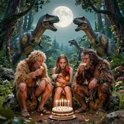 photo, three hairy neanderthal people, emma!! watson!! holding a chicken, eating outside, surrounded by dinosaurs!, gigantic forest trees, sitting on rocks, bright moon, birthday cake on the ground, front view