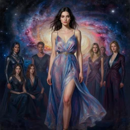 full - length portrait of a young woman with dark hair, wearing a flowing sundress, standing in front of a colorful starry galaxy, detailed face, fantasy, cinematic lighting, digital art painting, fine details by realistic shaded lighting poster by ilya kuvshinov katsuhiro otomo, magali villeneuve, artgerm, jeremy lipkin and michael garmash and rob rey