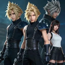 groupsphoto of final fantasy vii ; remake by tom bagshaw, rtx reflections, maya, extreme high intricate hyperrealistic details by wlop, digital art by ross tran, medium shot, composition by sana takeda, dramatic lighting by greg rutkowski