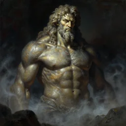 a neoclassicist portrait of a big - titan of nature, reflective textures. glowing fog. highly detailed fantasy science fiction painting by moebius, norman rockwell, frank frazetta, and syd mead. rich colors, high contrast, gloomy atmosphere, dark background. artstation