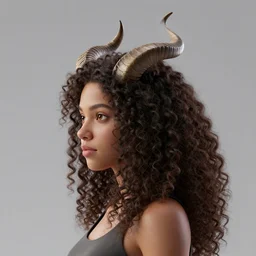 a profile of girl with long curly hair and big horns, octane render, 4 k, 8 k, behance hd