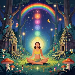 meditation with chakras, enchanted cosmic forest, roots from angkor wat, mushrooms on the ground, small fairies, stars in the sky, butterflies, rainbows, psychedelic, wide angle shot, vector art, optical illusion, heavenly underwater, 4 k, fantasy poster by helen huang and frank frazetta and salvador dali
