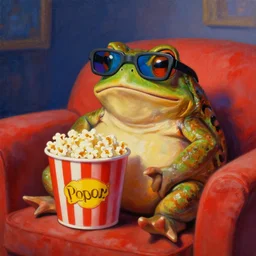 hyper realistic oil painting of chubby toad watching a movie on the couch with a bucket of popcorn, vibrant colors, anaglyph glasses, high contrast, by greg rutkowski, trending on artstation