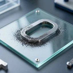 iron filings on top of a glass panel, which is over a u - shaped magnet. lab experiment. hyperrealistic, hd, 8 k