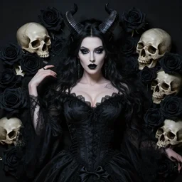 dark sorceress in beautiful dress surrounded by black roses horns and skulls, cushart krenz, very detailed, realistic face, detailed face, matte, tonemapping, bbwchan, perfection, 4 k, cushart krenz