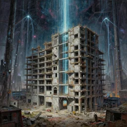 a beautiful very detailed painting of building catacomb unfinished building industrial architecture city architecture by peter zumthor, biopunk laser forest cosmic dieselpunk, archdaily, wallpaper, highly detailed, trending on artstation.