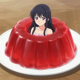 a beautiful anime woman stuck inside of a giant red jello placed on a plate, anime CGI art style.