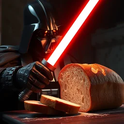 a photorealistic photograph of darth vader using a lightsaber to slice through a loaf of bread. it's half way cut. illuminated scene. fine detail. this 4 k hd image is trending on artstation, featured on behance, well - rendered, extra crisp, features intricate detail, epic composition and the style of unreal engine.