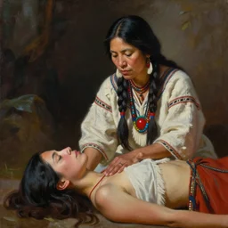 a beautiful painting of an indigenous female shaman doing reiki healing on another laying woman, matte painting, by christophe vacher