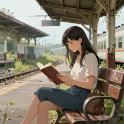 digital artwork of a beautiful girl sitting on a bench reading at an abandoned overgrown train station, old train station, establishing shot, ross draws, ross tran, trending on artstation detailed anime illustration, detailed artwork