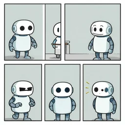 3 panel cartoon strip, robot learns how to do something and gets better at it each panel, by bill watterson