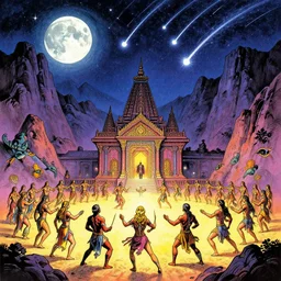 moon - worshipers and temple - dancers gathered in front of a temple in a dramatic mountain range under a comet shower, magic, colorful drawing, in the style of enki bilal and sergio toppi