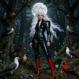 warrior goddess of flora and fauna, black, hunting, personification of the moon, long white hair, standing in the middle of the forest and birds, in a leather jumpsuit from lee alexander mcqueen, iron armor, red boots, very beautiful style, edgard maxens, raffaello, rembrandt diego rodriguez de silva y velazquez ;