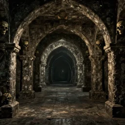 15081959 21121991 01012000 4k, highly detailed, sharp focus an empty dungeon with stone arches, dimly lit, gloomy, horror atmosphere, skulls hang on the walls