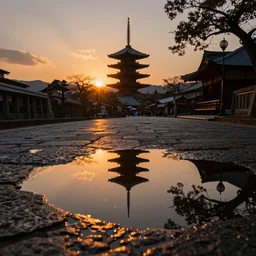 sunset in kyoto, puddles, realistic, ultra realism, intricate, atmospheric, 8 k resolution, rendered in 3 ds max