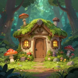 Surreal hut in a fantasy forest, colorful mushrooms, artstation, award-winning!!!