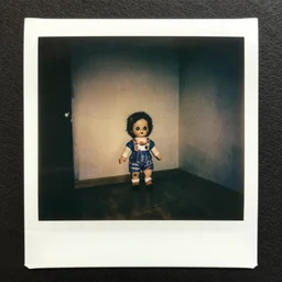 aged polaroid photo of a scary doll in empty room, gloomy, grainy