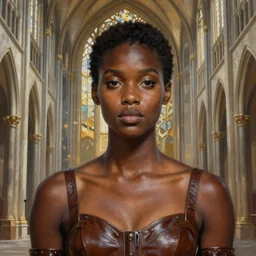 breathtaking detailed soft painting of a sexy black girl in leather clothes, in an art nouveau medieval cathedral, symmetrical realistic facial features, rembrandt style, elegant, highly detailed, artstation, concept art, matte, sharp focus, art by tom bagshaw, kelogsloops and greg rutkowski