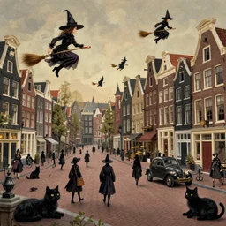 A bustling magical town with witches flying on their broom and black cats laying around inspired by Victorian England and Amsterdam, concept art, matte painting, trending on art station, ultra high quality, masterpiece