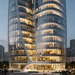 the most modern beautiful Saha Hadid building with lots of glass and cured surfaces, hypermaximalistic, high details, cinematic, 8k resolution, beautifully detailed, insanely intricate details, artstation trending, octane render, unreal engine, bright lit interiors, warm yellow lights, city background in silhouette, photographed at night,