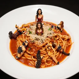 photo of a messy surrealistic mess of beautiful woman bodies in a spaghetti bolognesa dish , high cuisine photo, three star Michelin, photo-real,