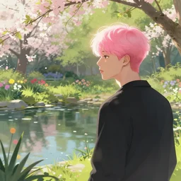 pink haired jimin backlit staring at black haired yoongi from across a pond, by alan lee, muted colors, springtime, colorful flowers & foliage in full bloom, sunlight filtering through trees & skin, digital art, art station cfg _ scale 9