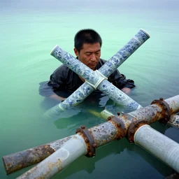 a man buried in oil and crossed by delicate porcelain rusty pipes in a glowing iridiscent lake leica, 2 4 mm