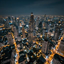 sci - fi bangkok cityscape. wide angle night photo. helicopter view. exaggerated detail. volumetric lighting. art by krenz cushart, art by wenjun lin, art by masamune shirow.