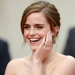 A photo of laugh emma watson. she has wedding rings on his fingers. 50 mm. perfect ring. award winning photography