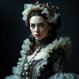 portrait of beautiful female model by irakli nadar with intricate detailed wearing victorian dress designed by alexander mcqueen and rocky gathercole, haunting, elite, elegant, ruan jia, dark, hyper detailed, concept art, by gustav klimt,