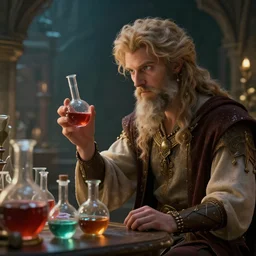 An Alchemist inspecting his potions by Greg Rutkowski, 4k photorealistic, volumetric lighting, HD, high details, dramatic, trending on artstation