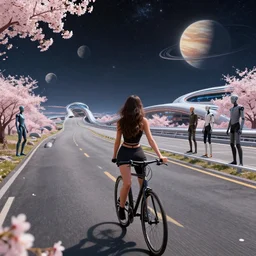 sexy woman driving a bike overlooking a luxurious road on interstellar solar system with nearby planets seen from the distance, advanced highway, star trek style, by peter mohrbacher, jeremy mann, francoise nielly, android james, ross tran, beautiful, award winning scenery, clean details, serene, sakura season