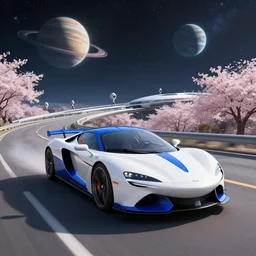 white and royal blue luxurious concept sportscar driving down on a luxurious road on interstellar solar system with nearby planets seen from the distance, advanced highway, star trek style, by peter mohrbacher, jeremy mann, francoise nielly, android james, ross tran, beautiful, award winning scenery, 8 k quality, clean details, serene, sakura season