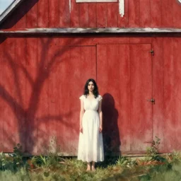 a young woman with black hair wearing a white! dress! standing in the shadow of a red barn. watercolor, cinematic light, establishing shot, sense of melancholy and awe, fantastic, fantasy, trending on artstation, american romanticism, greg rutkowski, artgerm