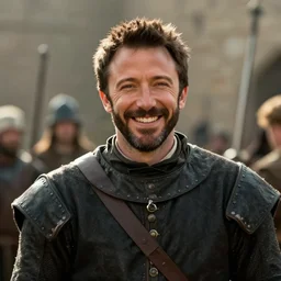 still frame from a movie, close up of a smiling ben affleck in a 15th century knight suit, centerframe, medieval background, rule of third, alexa 65, cooke prime 85mm, cinematic, film grain, flare